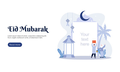 Wall Mural - Happy Eid Mubarak or Ramadan Greeting with People Character Illustration. Islamic Design Template for Banner, Landing Page or Poster.