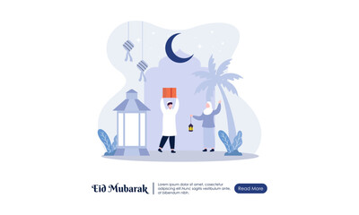 Wall Mural - Happy Eid Mubarak or Ramadan Greeting with People Character Illustration.