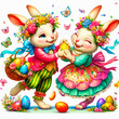 Two Easter bunnies are joyfully dancing against a white background, adorned in festive attire with floating Easter eggs around them, capturing a moment of celebration.
