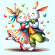 Two Easter bunnies are joyfully dancing against a white background, adorned in festive attire with floating Easter eggs around them, capturing a moment of celebration.