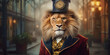 Majestic Lion in Regal Attire Strolls Through Victorian Cityscape Banner