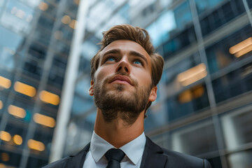 A determined young professional in a sharp suit pauses to look up