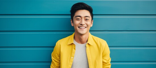 Wall Mural - A man with a yellow shirt is standing in front of a blue wall, smiling. His forehead, hair, neck, and jaw are visible. He is using his arm to make a gesture while his sleeve falls down