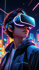 Wall Mural - guy in virtual reality glasses close-up in neon style against the background of the city