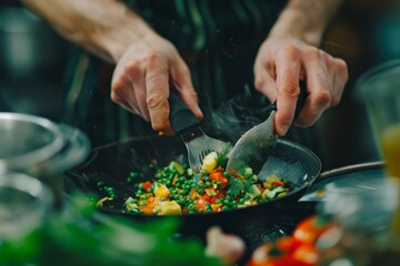 Canvas Print - A person using a wok on a stove to cook food with colorful ingredients and mindful techniques