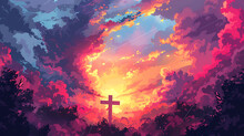 Cross silhouette against a colorful sky sunset. generative ai
