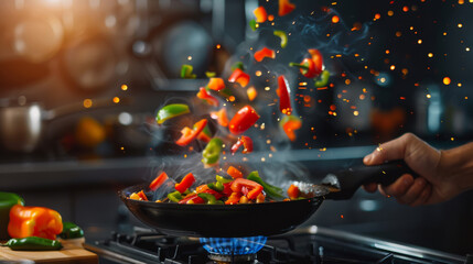 Wall Mural - A pan with colorful vegetables is being flambeed on a gas stove.