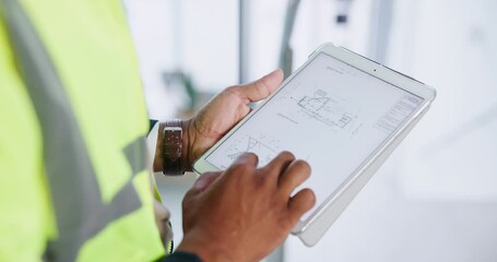 Aufkleber - Architect, hand and tablet with blueprint for building renovation, project planning or technology. Construction worker, person and online floor plan for internet review, brainstorming or contractor