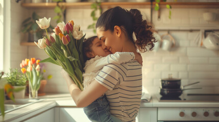 Canvas Print - A young child is giving a bouquet to a smiling woman in a sunny kitchen.