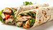 Grilled chicken wrap with lettuce and vegetables on a neutral background. Close-up side view of fast food. Design for menu, takeaway service, food blog.