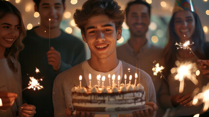 Wall Mural - A man holding a birthday cake with lit candles and sparklers surrounded by friends.