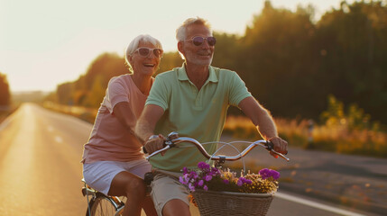 Canvas Print - Two smiling seniors enjoy a leisurely bicycle ride together during a sunny sunset.