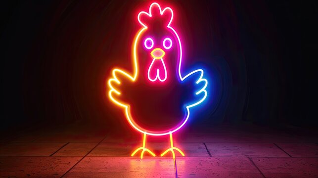 A neon chicken stands boldly, its vibrant colors casting a glow in a dark tunnel.