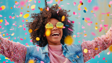 Canvas Print - An exuberant woman raises her arms amidst a shower of colorful confetti under a clear blue sky.