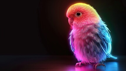 A vibrant neon lovebird in hues of pink and blue on a dark background.