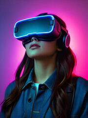 Wall Mural - girl in virtual reality glasses close-up in neon style on a purple background