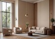 Modern villa living room design interior, beige furniture, bright walls, hardwood flooring, sofa, armchair with lamp. Concept of relax