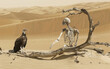 Desert landscape with a vulture perched near a skeleton and a weathered tree.