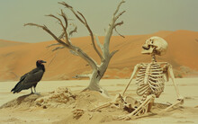 Desert Landscape With A Vulture Perched Near A Skeleton And A Weathered Tree.