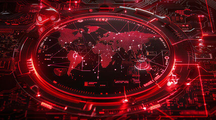 Wall Mural - Red HUD digital world map