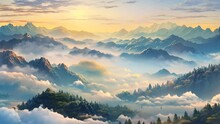 A Stunning Painting Of A Mountain Landscape Featuring Fluffy Clouds And Lush Trees., Photo-realistic Illustration Of Mist-covered Mountains In The Morning, AI Generated