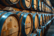 Wine barrels standing in the wine cellar