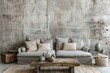 A modern living room with concrete walls, grey sofa and wooden coffee table. The wall is covered in textured plaster or paint for an industrial look