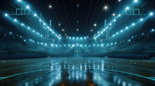 Large Indoor Basketball Court In Darkness And Spotlights Reflecting In Wooden Floor. Panoramic View. Horizontal Orientation. Generative AI