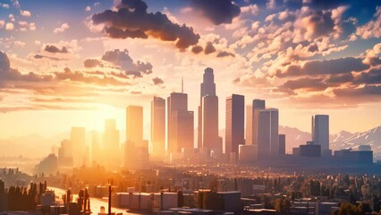 Sticker - Cityscape at Sunset, Majestic Sun Sets Over Urban Skyline With Towering Buildings, The skyline of Los Angeles at sunrise in California, USA, is presented as a 3D rendering, AI Generated