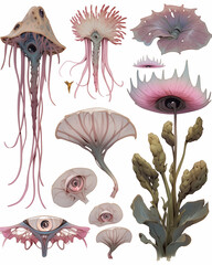 Set of surreal plants and creatures. Jellyfish and algae collection