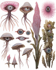 Wall Mural - Set of surreal plants and creatures. Jellyfish and algae collection