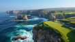 A group of friends tees off on a scenic oceanfront golf course, with crashing waves and rugged cliffs providing a dramatic backdrop as they navigate the challenging holes and enjoy
