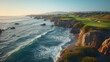 A group of friends tees off on a scenic oceanfront golf course, with crashing waves and rugged cliffs providing a dramatic backdrop as they navigate the challenging holes and enjoy