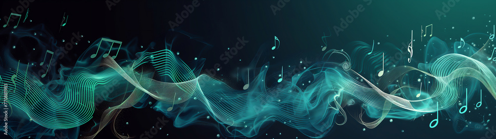Melody flowing music wave  abstract background showing colourful music notes which are musical notation symbols, panoramic stock illustration image
