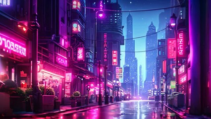 Poster - illustration of a street in the city at night with neon lights, ai generated