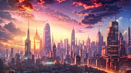 Wall Mural - Futuristic city at night with skyscrapers and high-rise buildings, AI Generated