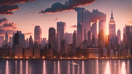 Canvas Print - Chicago skyline with skyscrapers at sunset, illustration in vector format, AI Generated