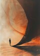 Solitary figure walking towards a swirling vortex at sunset