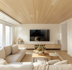 A modern living room with white walls and light wood paneling on the ceiling