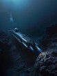 Sleek submarine gliding through the deep blue ocean with illuminated lights.