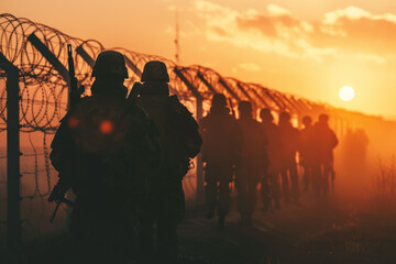 Wall Mural - A group of soldiers are walking through a field with a sunset in the background