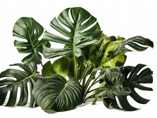  Composition of tropical leaves of different shades of green on white background. Leaves have heart-shaped form with ragged edges, visible veins.