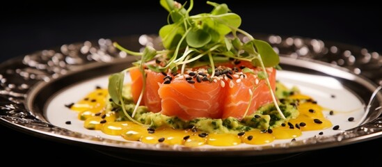 Wall Mural - A close up of a dish consisting of food and garnish on a table, showcasing the recipes ingredients like roe and terrestrial plants in this cuisine