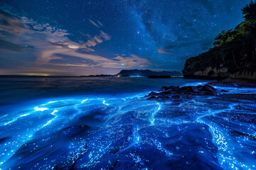 Wall Mural - A beautiful blue ocean with a starry sky above it