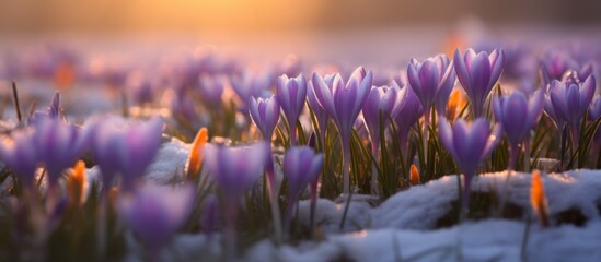 Sticker - A beautiful field of purple flowers, with delicate petals peeking through the snow, creating a stunning contrast in the natural landscape