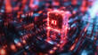 Illustration eines Motherboards mit KI-Zeichen auf einer futuristischen CPU - Radial-Blur-Effekt