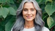 Beautiful mature woman with long healthy gray hair 50s looking at camera against green leaves background. Healthy facial skin care, natural cosmetics for middle age skin care, cosmetology concept