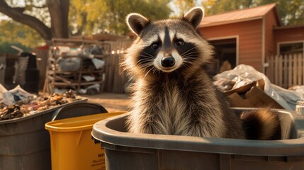 Wall Mural - Wild raccoon with fluffy fur looking for food in the backyard of a house