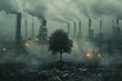 An emblematic lone tree wilting amid industrial smokestacks, emblematic of nature's fight against air pollution, set against a blurred background.