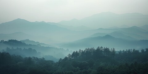 Wall Mural - A mountain range obscured by haze, emphasizing the loss of natural beauty, calls for a campaign against air pollution, with a blurred background